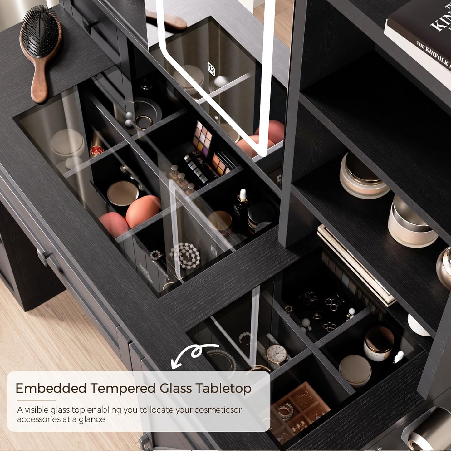 Farmhouse Makeup Vanity Desk with Sliding Mirror and Lights, Glass Desktop Makeup Vanity Desk with Charging Station, 3-Tier Hidden Slide-Out Vanity Shelves, Jewelry Storage Cabinet, 2 Drawers-Black