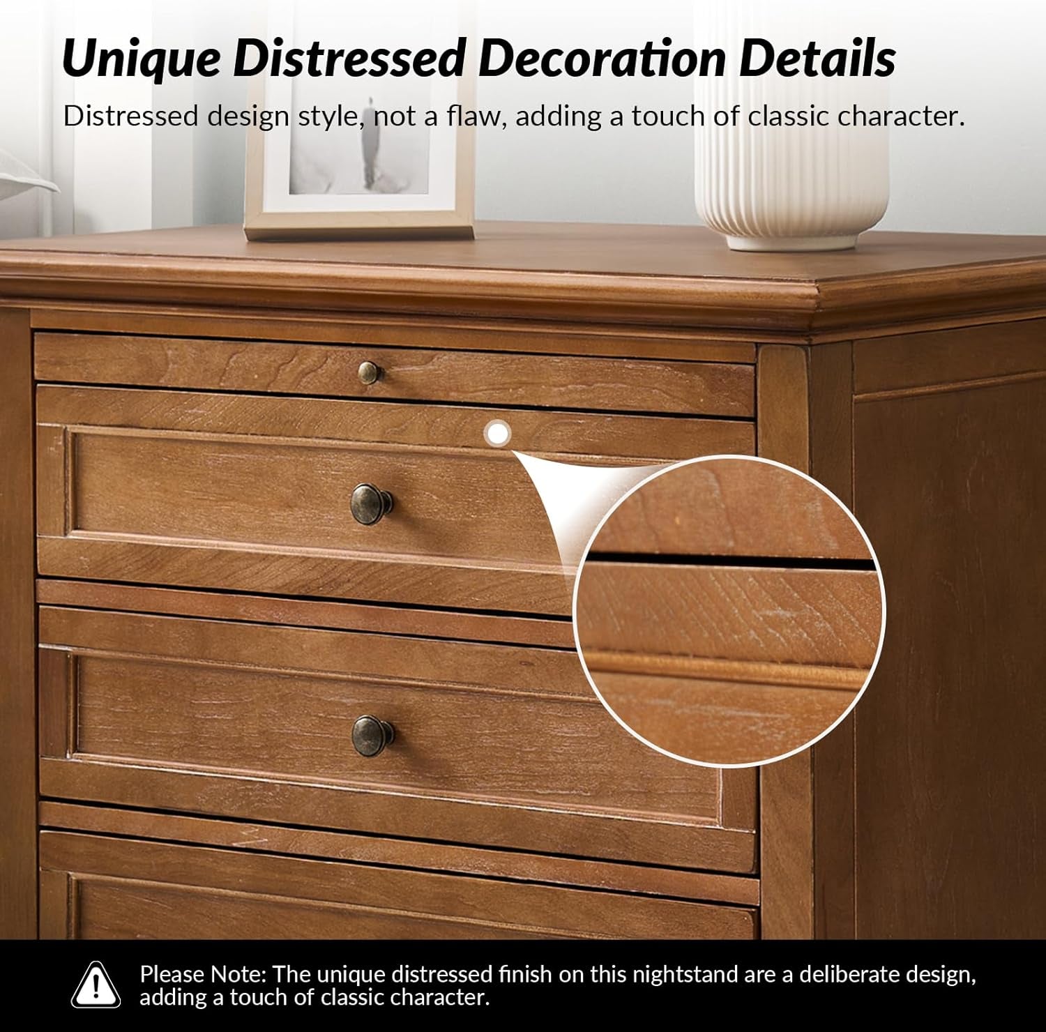 Farmhouse 3 Drawer Nightstand with Tray, Drawer Organizer with Solid Wood Legs, Nightstand with Charging Station,Acorn