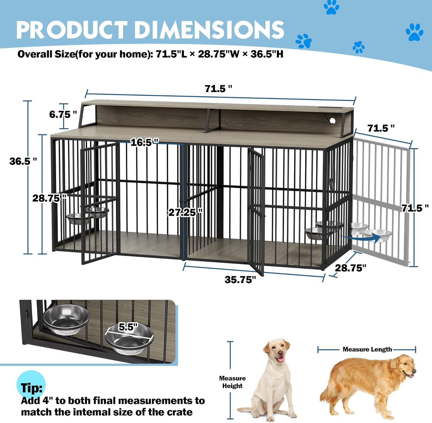 71.5" Dog Crate Kennel Furniture Indoor, Large Double Dog Crate TV Stand W/Led Light & Power Outlet, Furniture Style Wooden Dog Cage for Large Medium Dogs W/4 Lockable Doors & Rotating Bowls