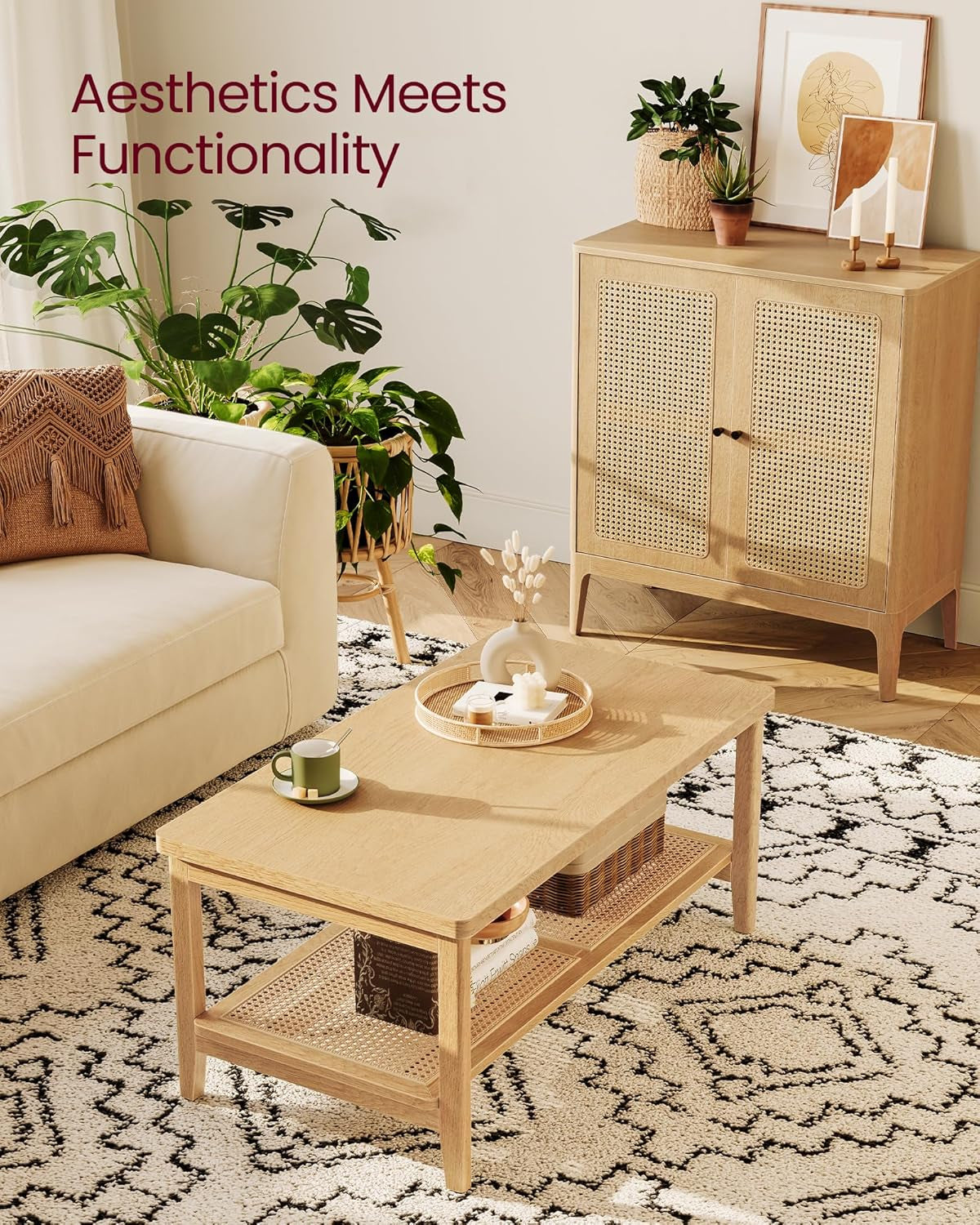 2-Tier Coffee Table for Living Room, Rectangular Living Room Table, with PVC Rattan Storage Shelf, Rounded Corners, Easy Assembly, Boho Style, 21.7 X 39.4 X 17.7 Inches, Oak Beige ULCT240Y57
