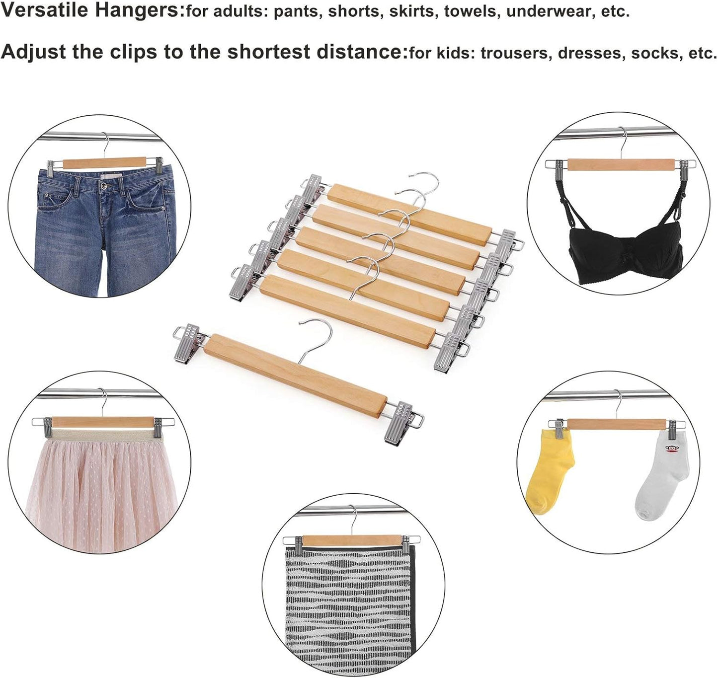 Wooden Pants Hangers 12 Pack, Pants Hangers with Clips, Adjustable Anti-Rust Metal Clips, 360° Swivel Hook, Skirt Hangers for Pant, Skirts, Natural Grain UCRW008-12