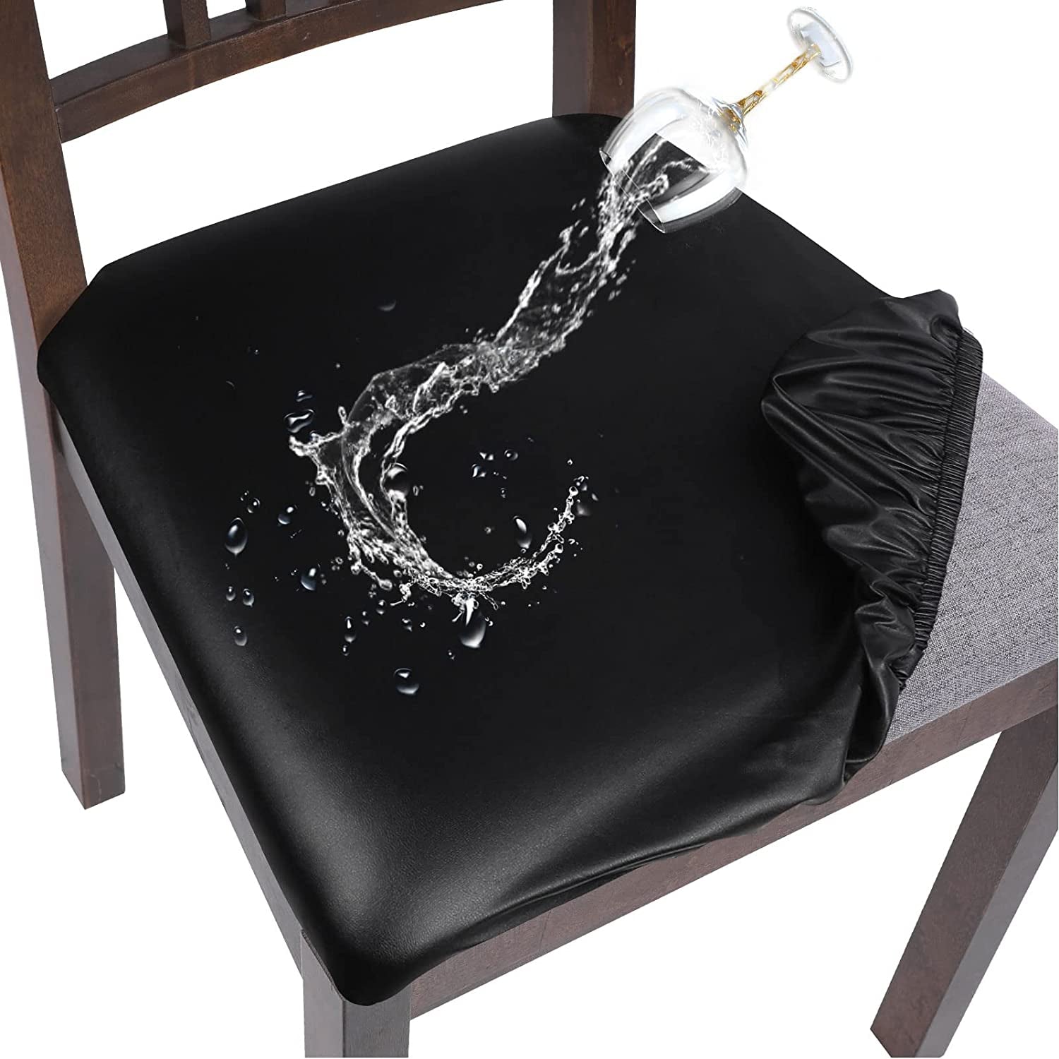 Waterproof PU Leather Seat Covers for Dining Chairs, 4 Pack Stretch Dining Room Chair Seat Covers, Kitchen Chair Seat Covers Protectors (Black)