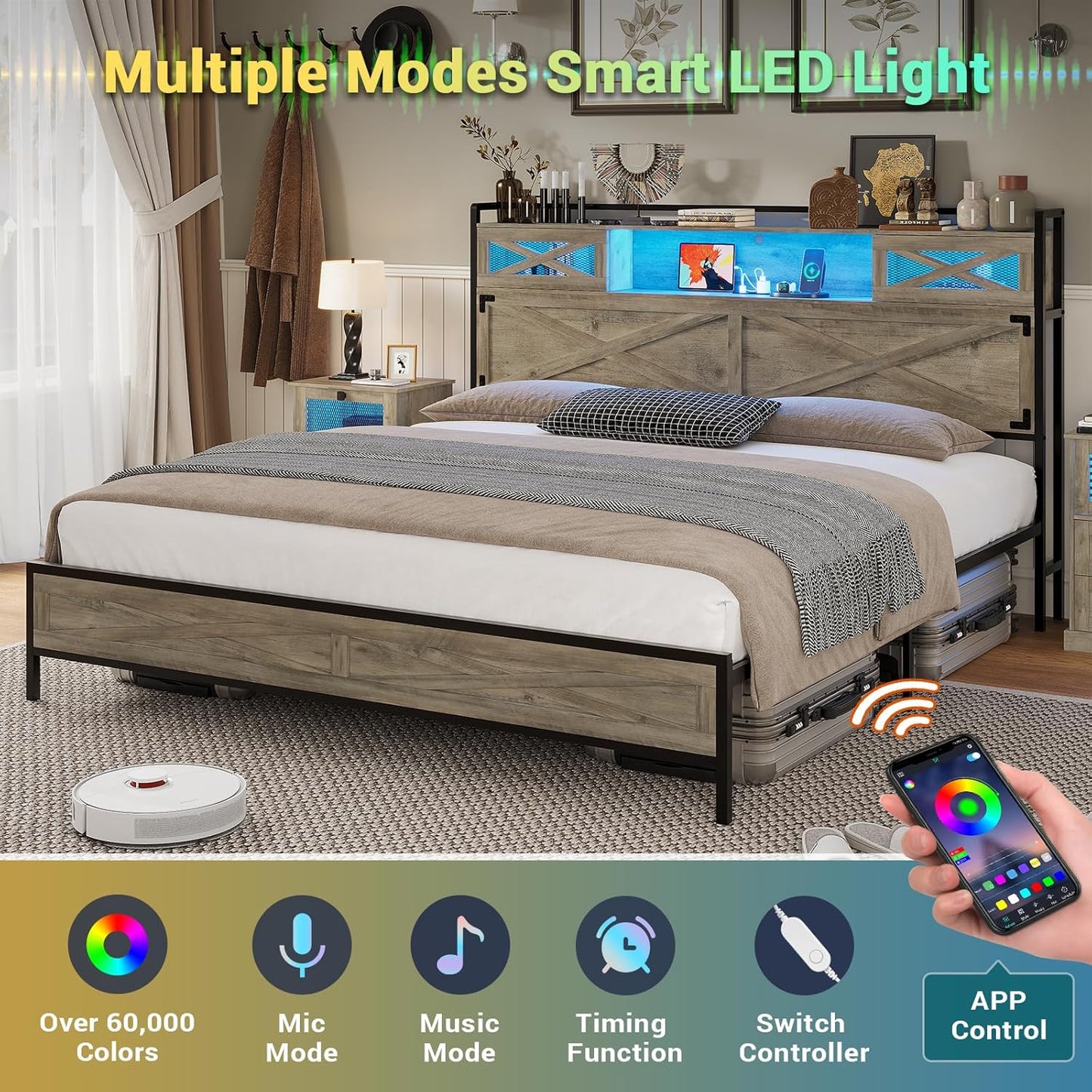 Queen Bed Frame with Storage Headboard, Platform Bed Queen Size with Charging Station and LED Lights, Farmhouse Rustic Bed with Sliding Barn Door, Rustic Oak