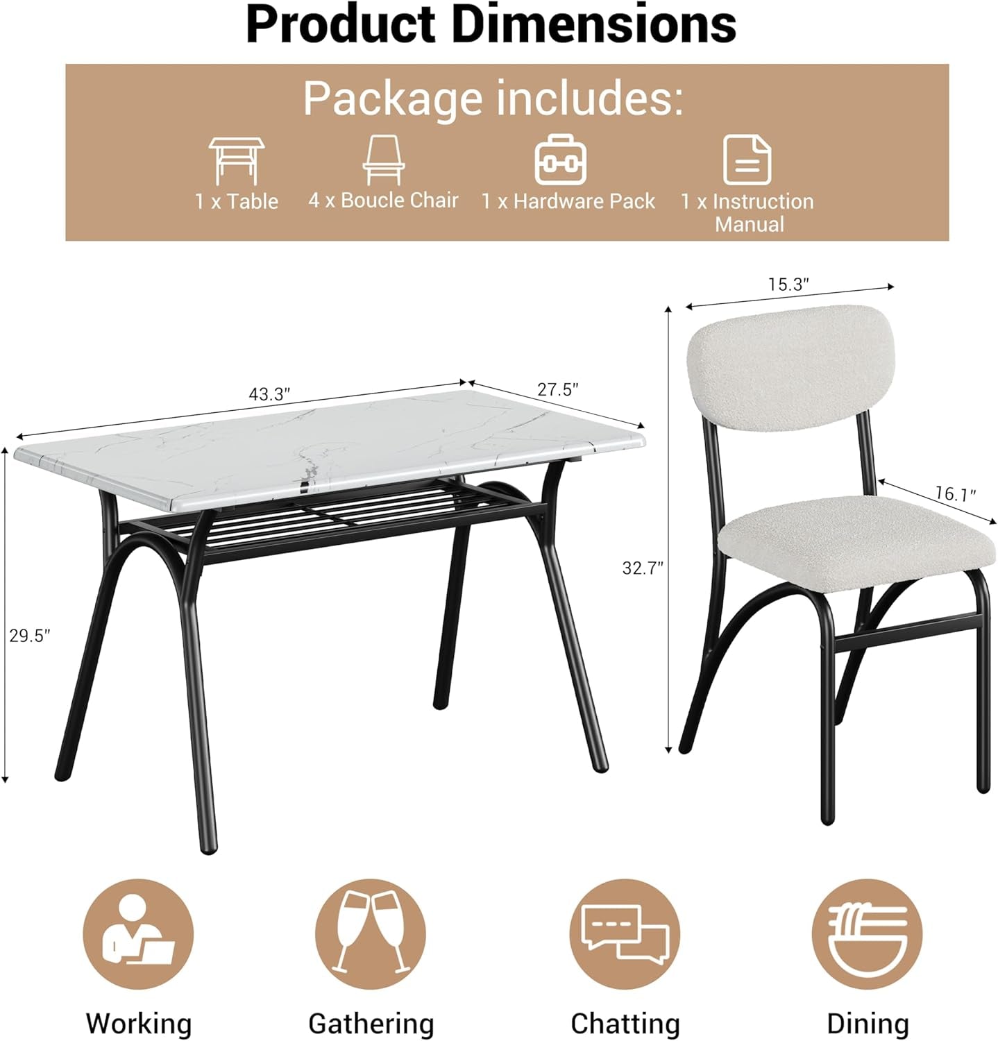 5-Piece Dining Table Set for 4, Modern Kitchen Table with 4 Boucle Chairs, Rectangular Dining Table with Storage Shelf & Marble Tabletop, Beige Home Dining Furniture for Small Space