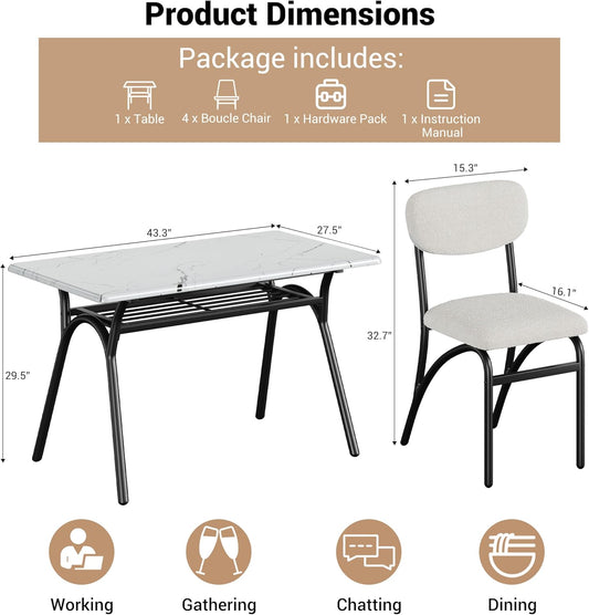 5-Piece Dining Table Set for 4, Modern Kitchen Table with 4 Boucle Chairs, Rectangular Dining Table with Storage Shelf & Marble Tabletop, Beige Home Dining Furniture for Small Space