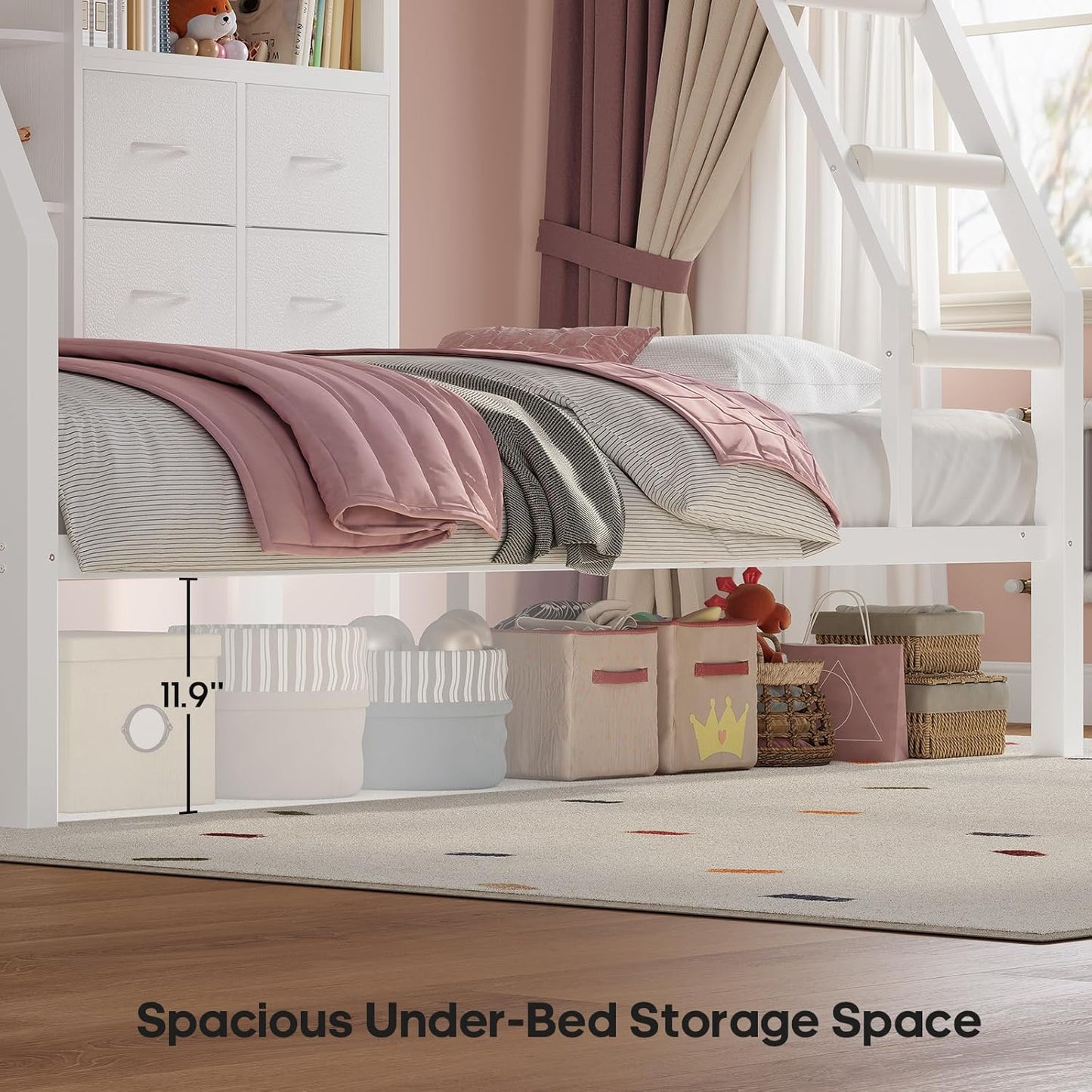 Bunk Bed Twin over Twin with 4 Storage Drawers & Shelves & Bedside Caddy, Twin Bunk Beds with Charging Station & Led Lights, Metal Bunk Bed with Safety Guardrail & Angled Ladder for Kids, White