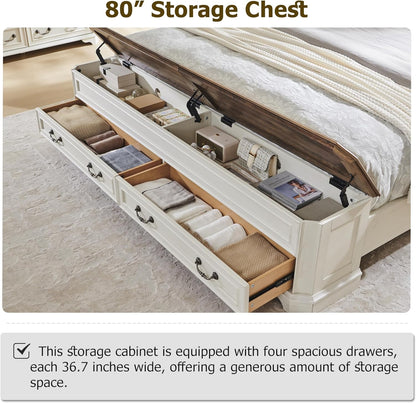 Farmhouse King Bed with Headboard and Storage Bench, Rustic Wood Platform Bed with 80" Storage Chest W/ 4 Large Drawer (Antique White)