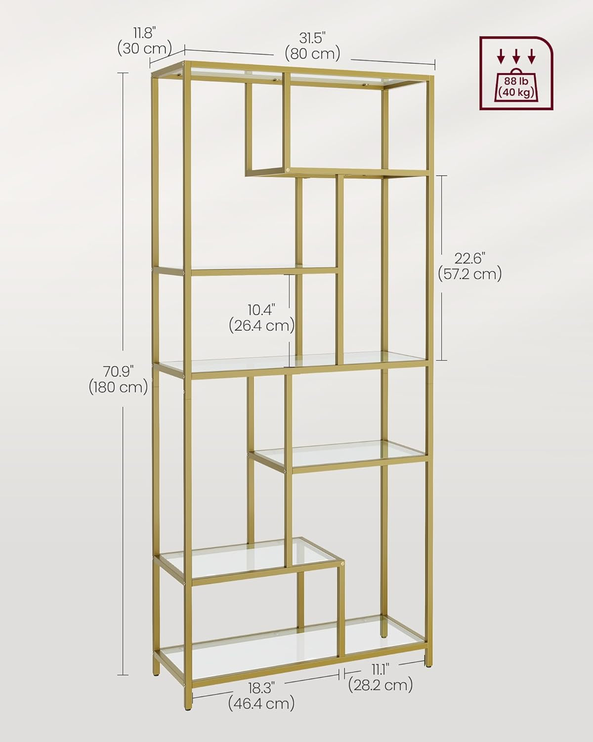 Bookcase, 4-Tier Bookshelf, Freestanding Shelf, 11.8 X 39.4 X 40.6 Inches, Storage Shelf, for Living Room, Office, Bedroom, Kitchen, Transparent and Pale Gold ULGT509A01