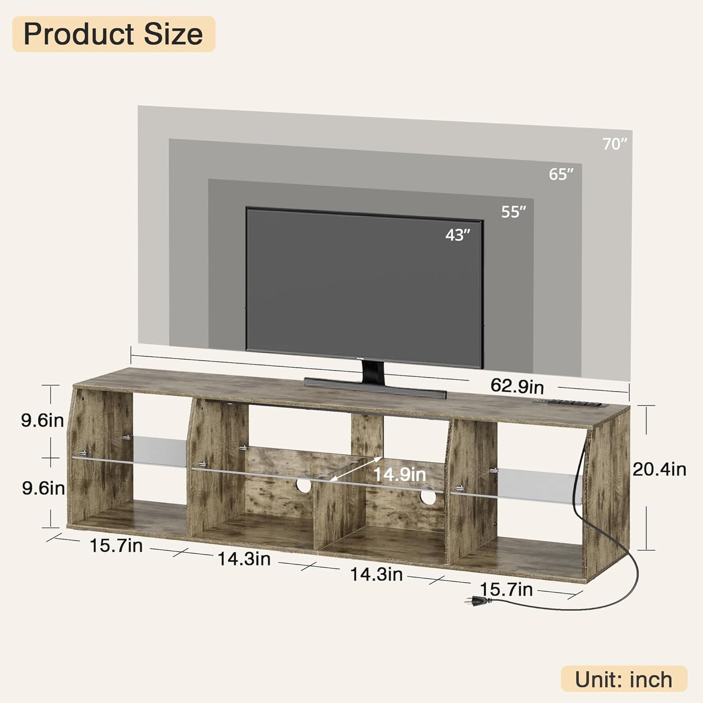 LED TV Stand for 65 Inch Entertainment Center with Power Outlets, Industrial Television Cabinet with 7 Open Storage Shelves, for Living Room and Bedroom, Light Brown, 65Inch