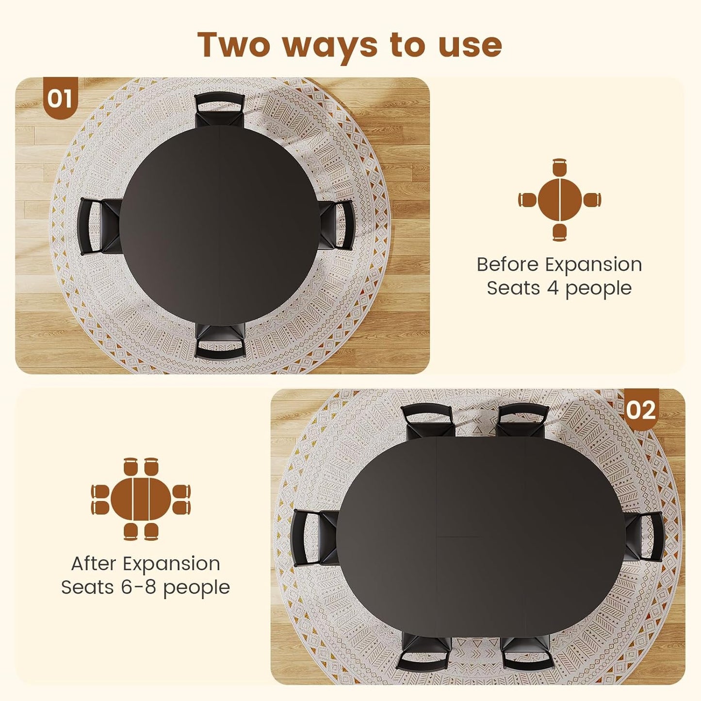 round Extendable Dining Table Set for 4-6 People, 5-Piece Kitchen Table Set with 4 Cushion Chairs, Dining Room Table for 6 with MDF Board & Metal Frame for Small Space, Easy Clean, Black