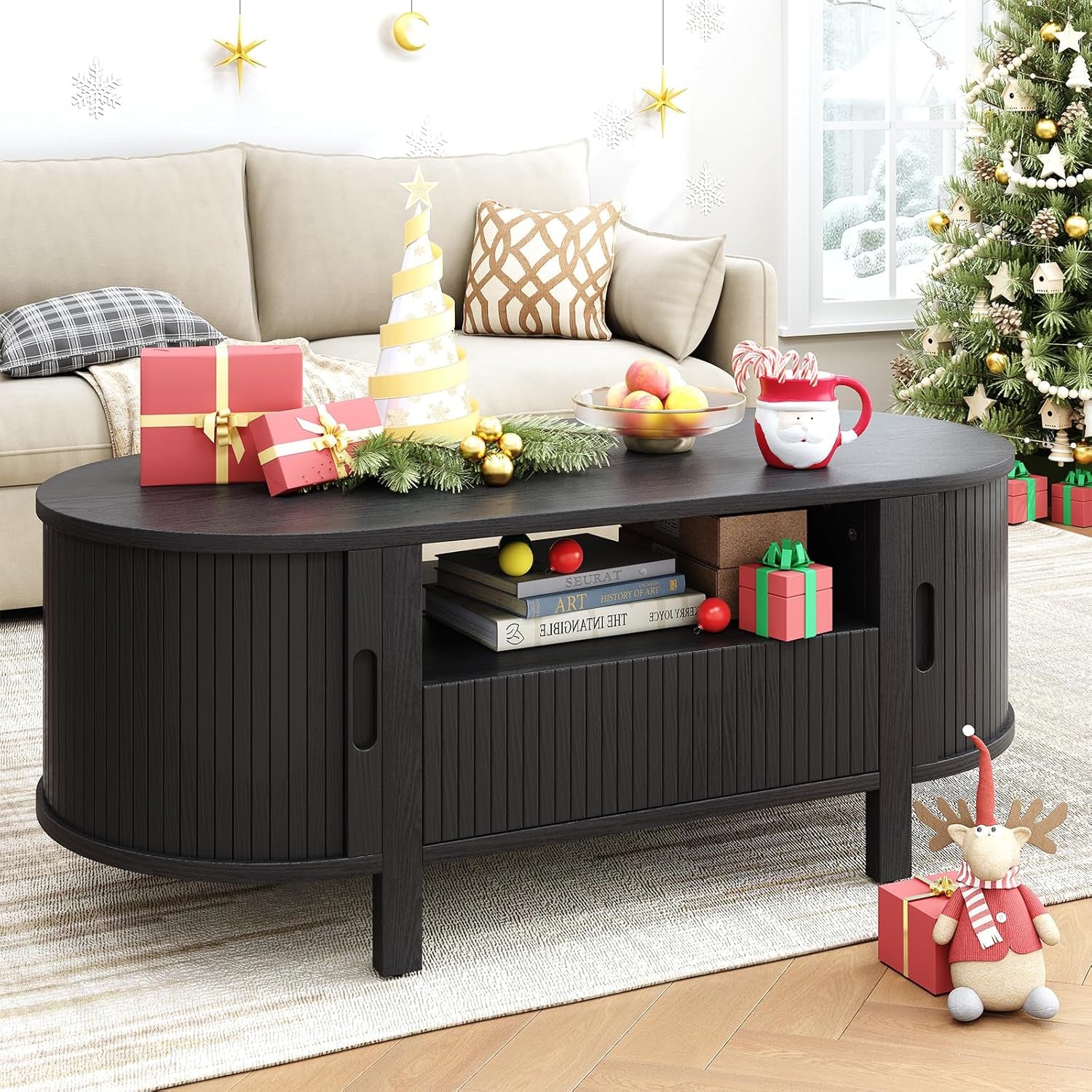 47.2 Inch Oval Coffee Table with Storage, Mid Century Modern Coffee Table with Drawer, Center Table with Sliding Door and Wood Fluted Handle for Living Room, Black