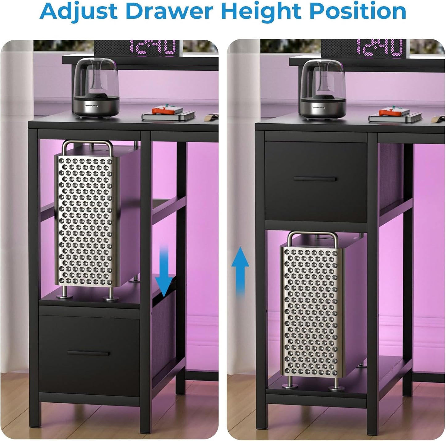 Gaming Desk 39 Inch with LED Lights and Monitor Stand, Computer Desk with Drawer for Small Spaces, Office Desk with Power Outlets and Shelf, Black