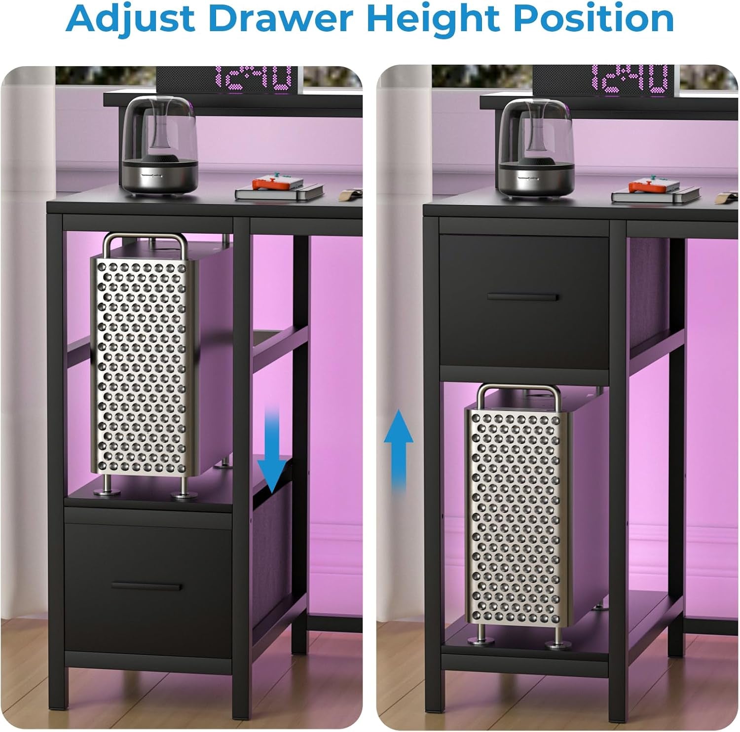 Gaming Desk 39 Inch with LED Lights and Monitor Stand, Computer Desk with Drawer for Small Spaces, Office Desk with Power Outlets and Shelf, Black