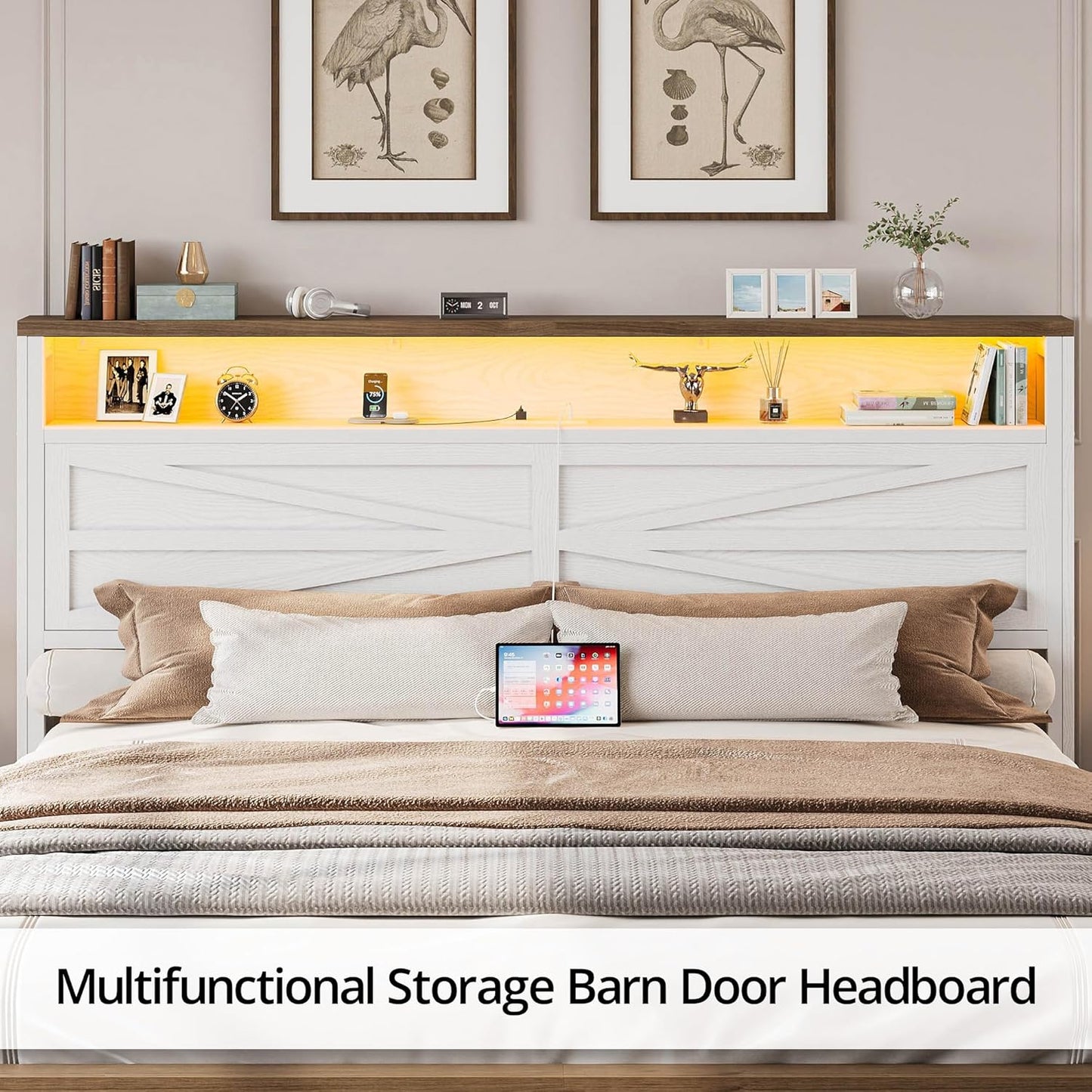 Farmhouse King Size Bed Frame with LED Light and Charging Station, Wood Bed Frame with Storage Headboard and 2 Drawers， Barn Door Design, Sturdy and Noiseless, White