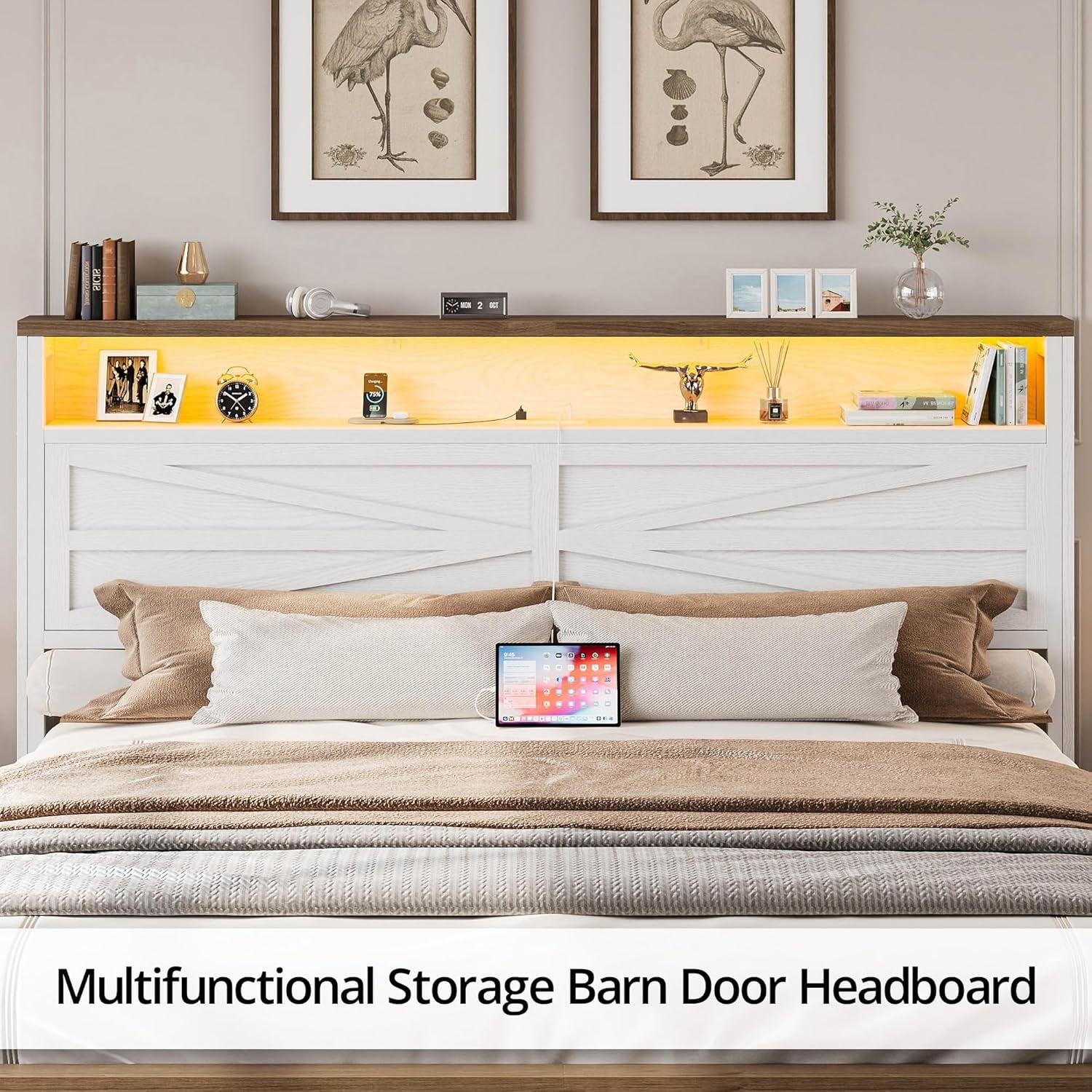 Farmhouse King Size Bed Frame with LED Light and Charging Station, Wood Bed Frame with Storage Headboard and 2 Drawers， Barn Door Design, Sturdy and Noiseless, White