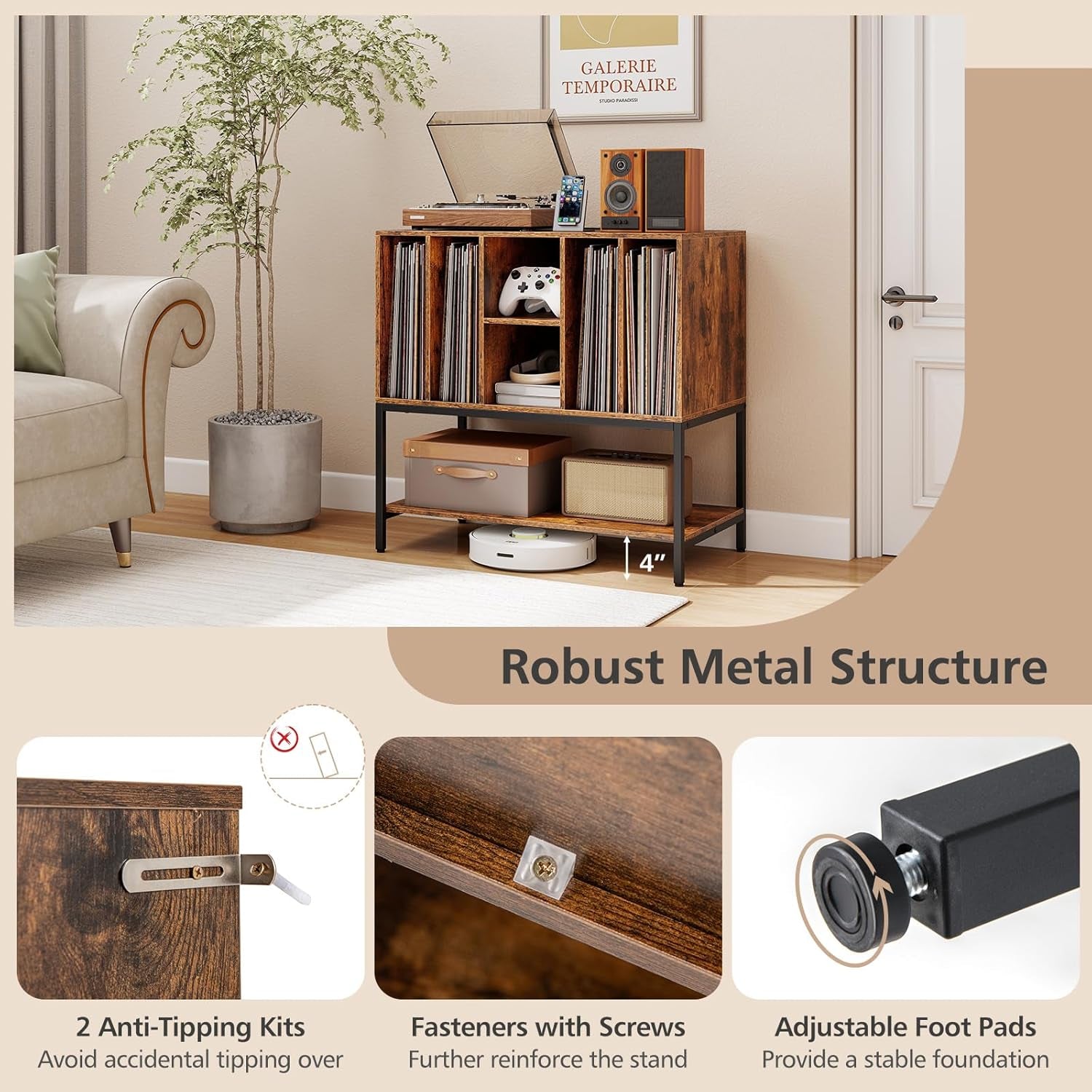 Record Player Stand with Charging Station, Turntable Stand with Storage Shelves Hold up to 150+ Albums, Record Player Table with Metal Frame, Vinyl Record Storage for Music Living Room, Brown