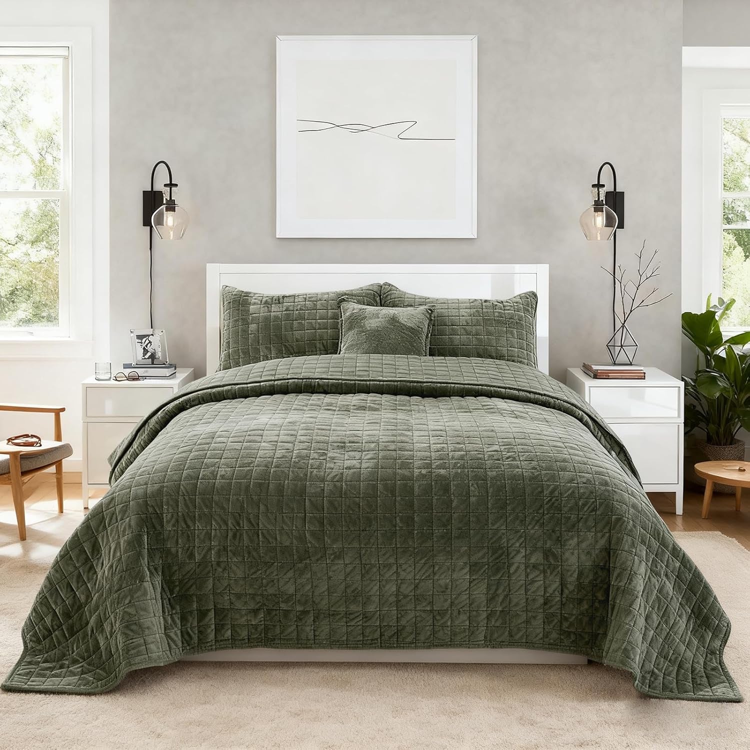 Quilt Set Oversized King Size 120X120 Luxurious Velvet Bedding Sets with 2 Pillow Shams 20X36 3 Pieces Ultra Soft Quilted Bedspread Coverlet Comforter for All Season,Army Green