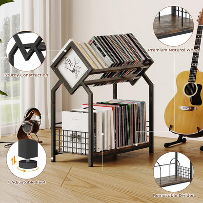 2-Tier Vinyl Record Storage Holder with Dividers, 24.4''W Vinyl Record Display, 300 Lps Vinyl Record Storage Rack, Suitable for Magazines, Books, Documents, Albums