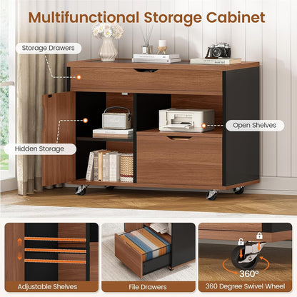 L Shaped Computer Desk with Mobile File Cabinet & Power Outlets, Executive Home Office Desk with Storage Drawers, Pegboard, Cable Management, Reversible L Desk for Work & Gaming, Black + Brown