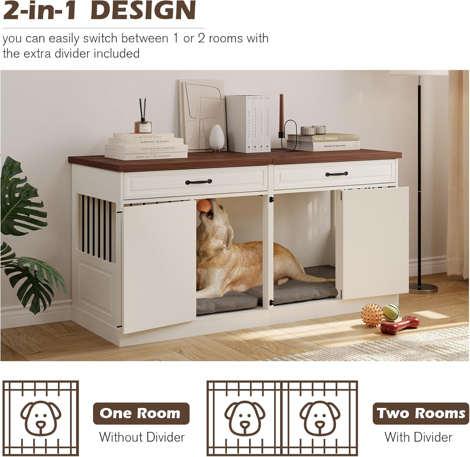 Dog Crate Furniture - Indoor Wood Dog Kennel Furniture 4 Doors with Divider and 2 Drawers - 72" L X 23.6" W X 33.5" H, White