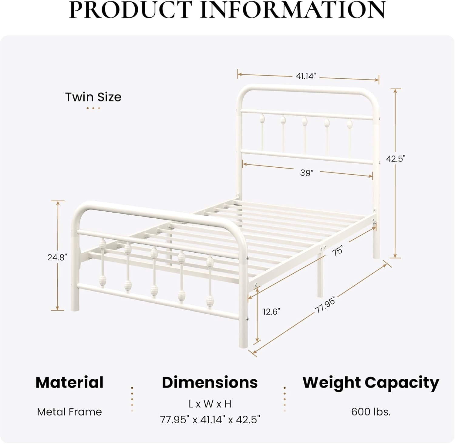 Twin Size Metal Platform Bed Frame with Victorian Style Iron-Art Headboard and Footboard, Easy Assembly, under Bed Storage, No Box Spring Required, off White