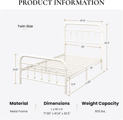 Twin Size Metal Platform Bed Frame with Victorian Style Iron-Art Headboard and Footboard, Easy Assembly, under Bed Storage, No Box Spring Required, off White