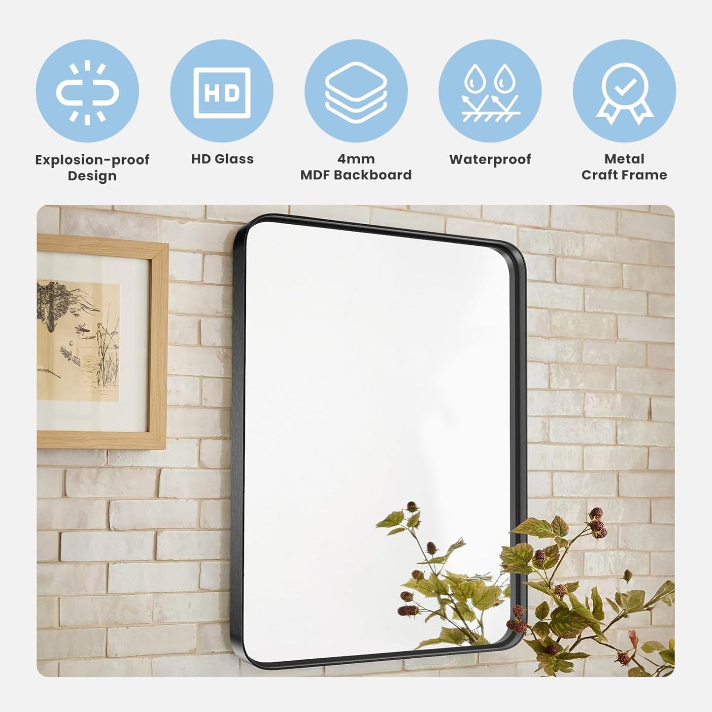 Black Bathroom Vanity Mirror for Wall, 22X30 Inch Metal Framed Wall Mirror Farmhouse Rectangle, Anti-Rust, Tempered Glass, Hangs Horizontally or Verticall