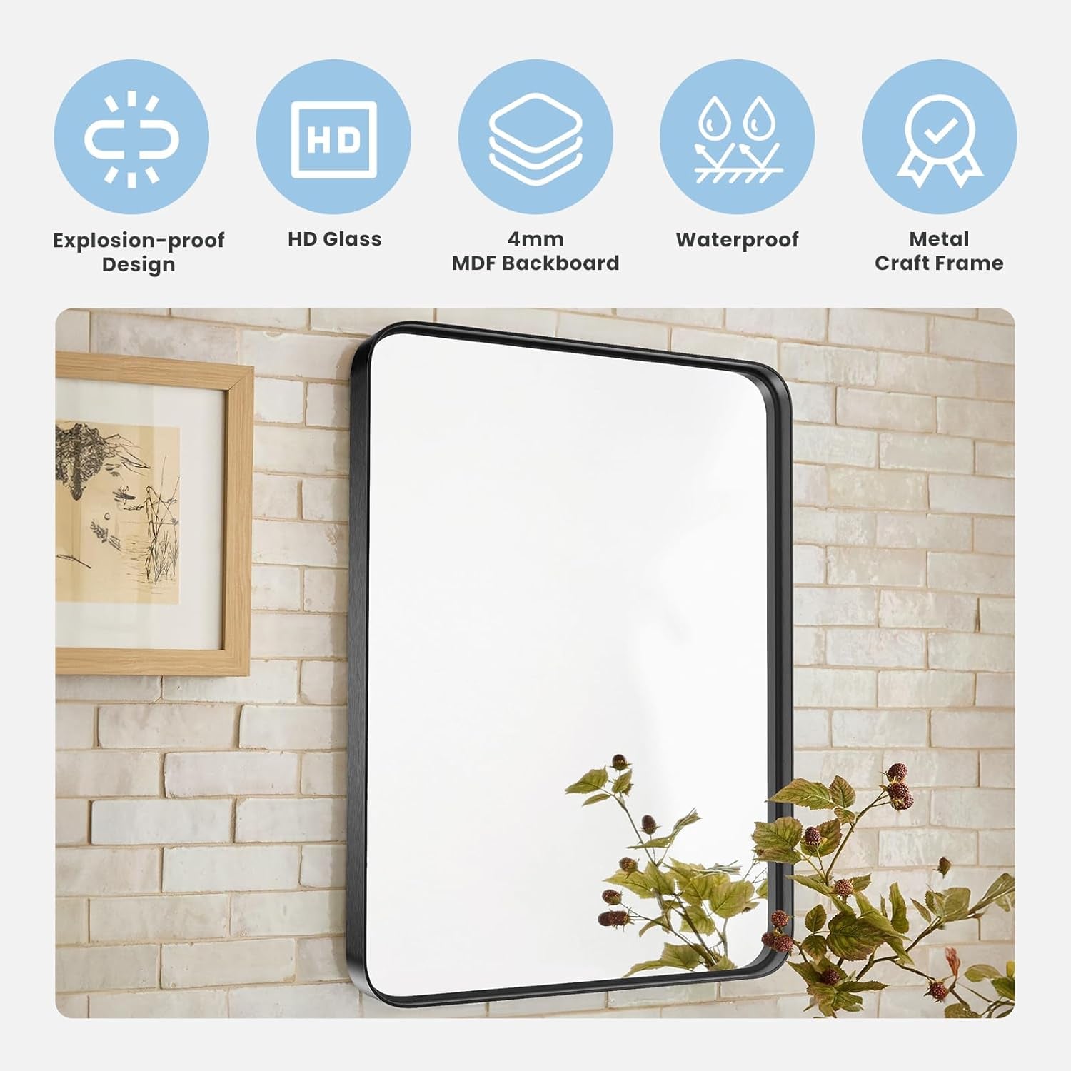 Black Bathroom Vanity Mirror for Wall, 22X30 Inch Metal Framed Wall Mirror Farmhouse Rectangle, Anti-Rust, Tempered Glass, Hangs Horizontally or Verticall