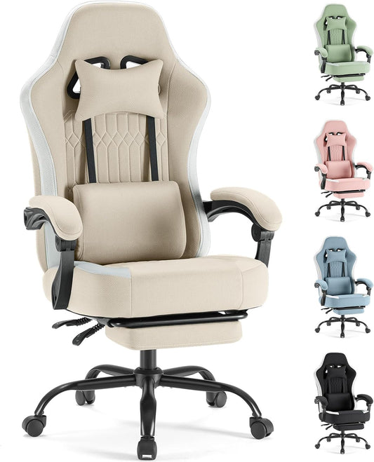 Computer Gaming Chair - High Back Ergonomic Desk Chair with Footrest and Lumbar Support, Height Adjustable Task Chair with Linkage Armrests and Headrest, 360° Swivel Wheels, Khaki