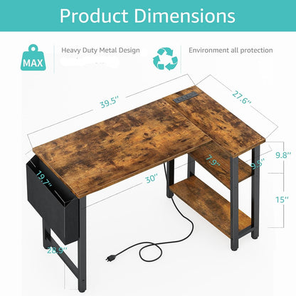 Small L Shaped Desk with Power Outlet Shelves, 40 Inch Reversible Corner Desk for Small Space Home Office, L-Shaped Computer Desk PC Desks with Charging Station, Rustic Brown