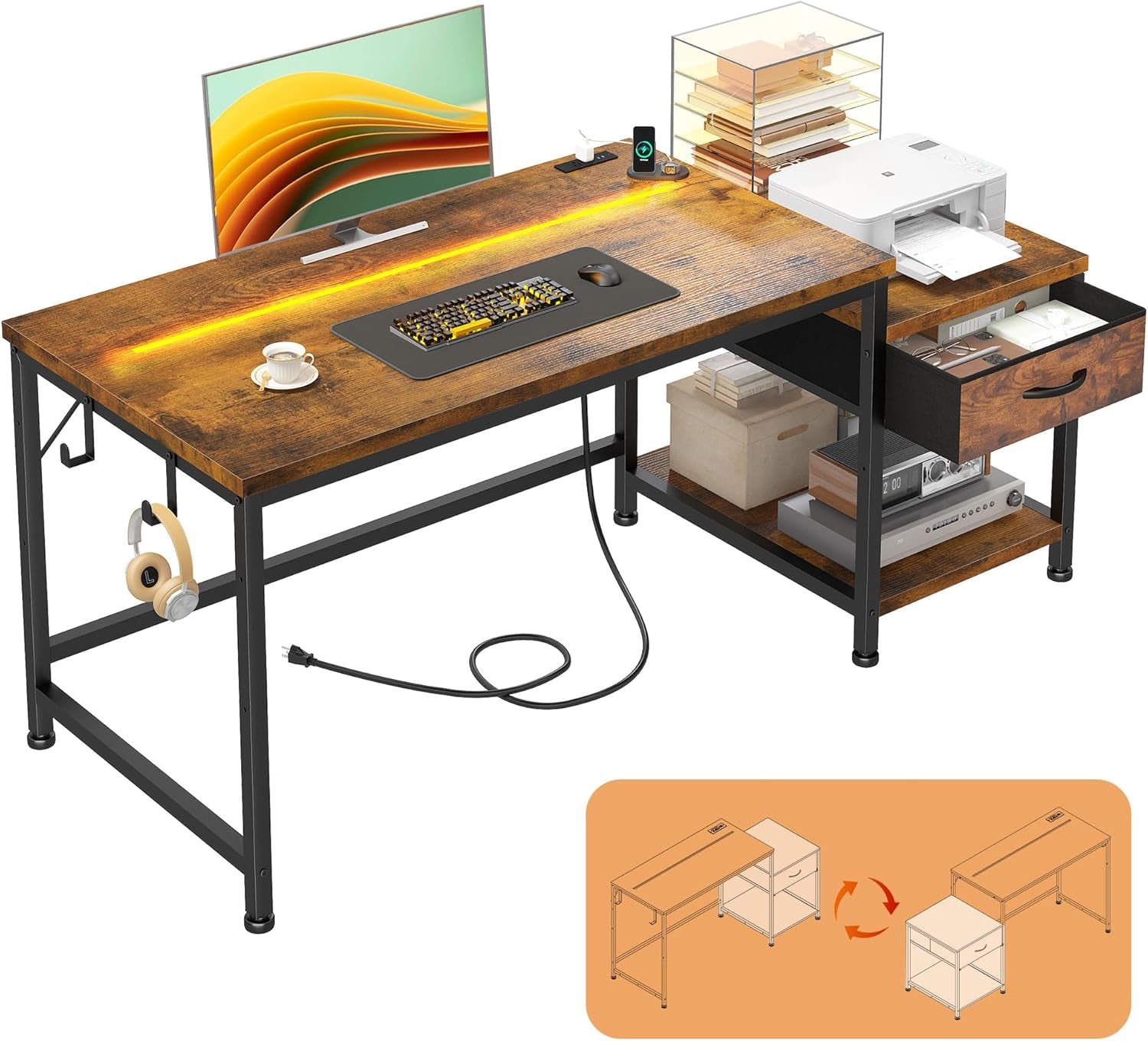 48.1 Computer Desk with Drawers & Printer Shelf,Gaming Desk with LED Lights & Power Outlet,Office Desk with Headphone Hook,Reversible Corner Work Desk for Small Space,Carbon