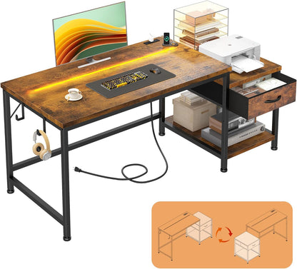 48.1 Computer Desk with Drawers & Printer Shelf,Gaming Desk with LED Lights & Power Outlet,Office Desk with Headphone Hook,Reversible Corner Work Desk for Small Space,Carbon