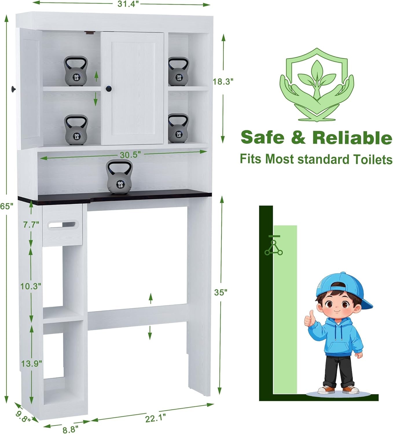 Over the Toilet Storage Cabinet with 7 Shelves, Imitation Walnut Grain above Toilet Bathroom Organizer with Toilet Paper Holder Stand, Space Saver for Restroom, Bathroom, Laundry (White)