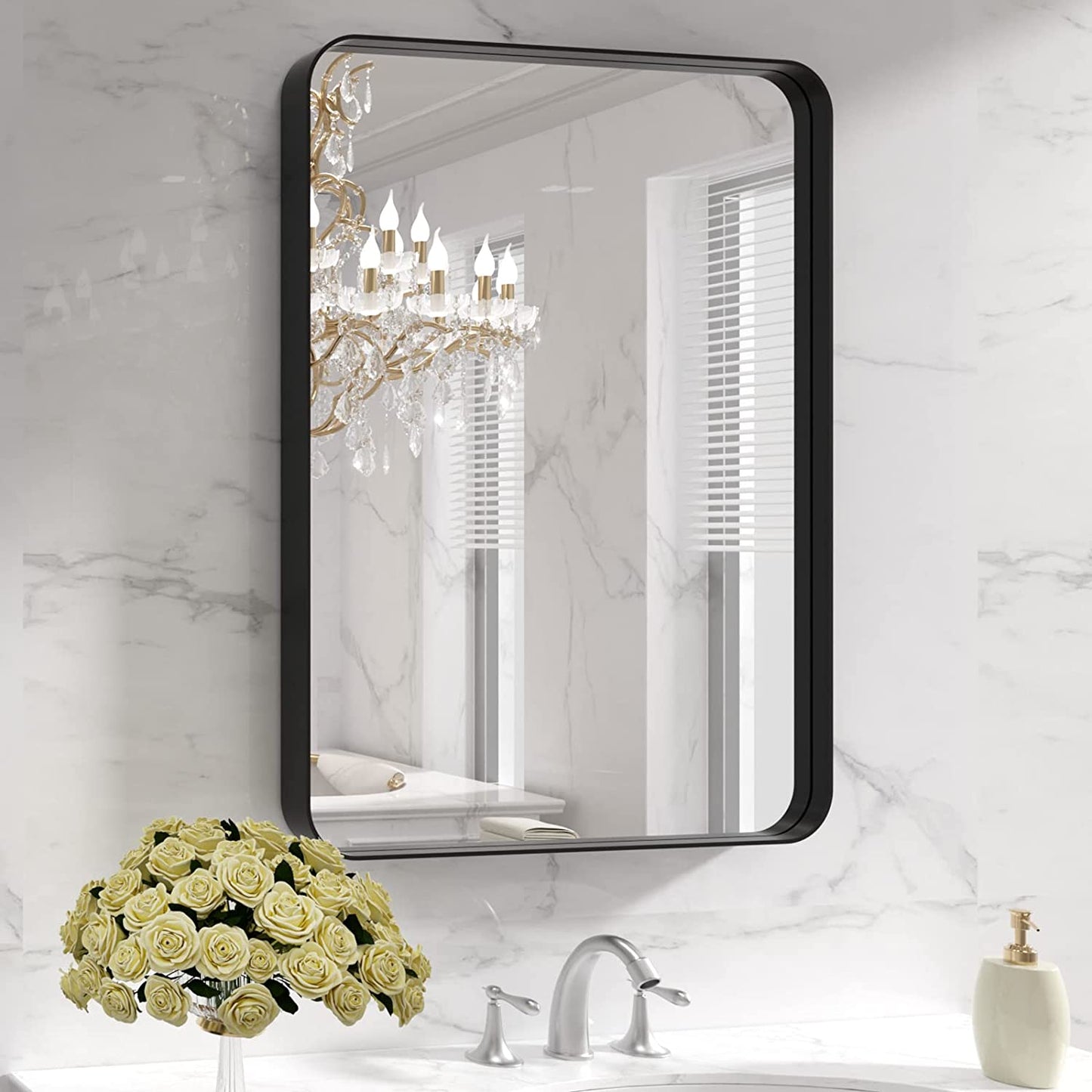 Black Metal Framed Bathroom Mirror for Wall, 22X30 Inch Rounded Rectangle Mirror, Matte Black Bathroom Vanity Mirror Farmhouse, Anti-Rust, Hangs Horizontally or Vertically