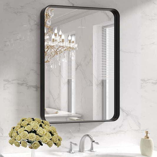Black Metal Framed Bathroom Mirror for Wall, 22X30 Inch Rounded Rectangle Mirror, Matte Black Bathroom Vanity Mirror Farmhouse, Anti-Rust, Hangs Horizontally or Vertically