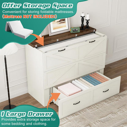 Queen Size Murphy Chest Bed with Drawer and Charging Station, Farmhouse Wood Space-Saving Hidden Folding Bed Chest, Multifunctional Storage Cabinet Beds for Bedroom, Office, Rustic White