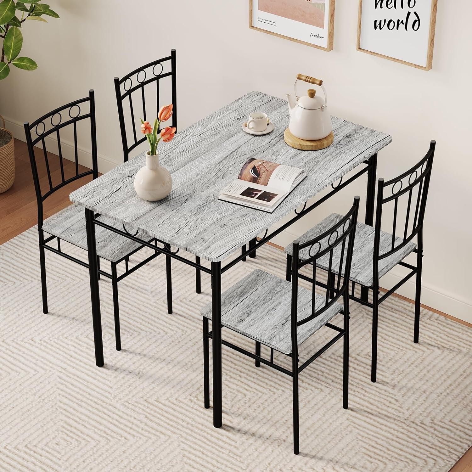 Kitchen Dining Table Set for 4, 5-Piece Kitchen Table Set,Dining Room Table Sets,Rectangular Kitchen Table Set with 4 Chairs for Small Space, Dinette,Apartment,Rustic Grey