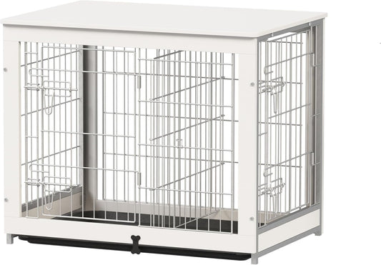 Wooden Dog Crate Furniture with Divider Panel, Dog Crate End Table with Fixable Slide Tray, Double Doors Dog Kennel Indoor for Dogs(M:31.8" L*22.1" W*26.3" H,White)