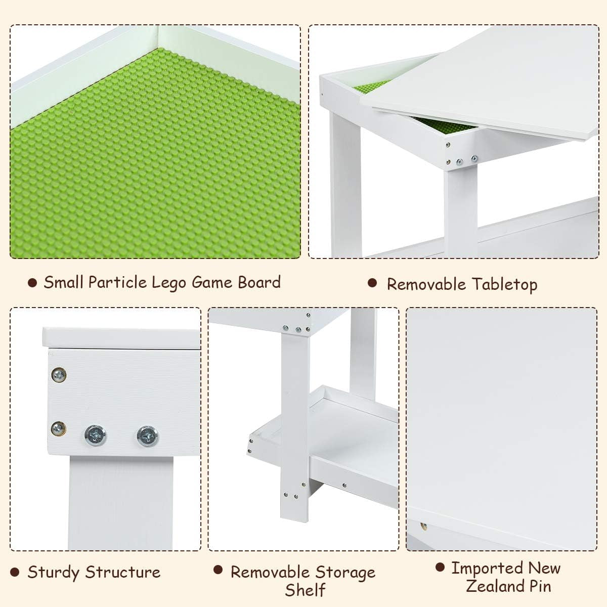 2 in 1 Kids Activity Table W/Storage, Patented Building Block Table W/Board for Bricks Crafts Arts Draw, Children Solid Wood Play Table Desk for Preschool Toddler Boy & Girl Gift, White