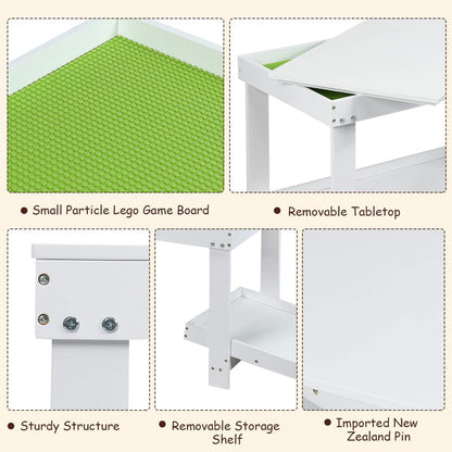 2 in 1 Kids Activity Table W/Storage, Patented Building Block Table W/Board for Bricks Crafts Arts Draw, Children Solid Wood Play Table Desk for Preschool Toddler Boy & Girl Gift, White
