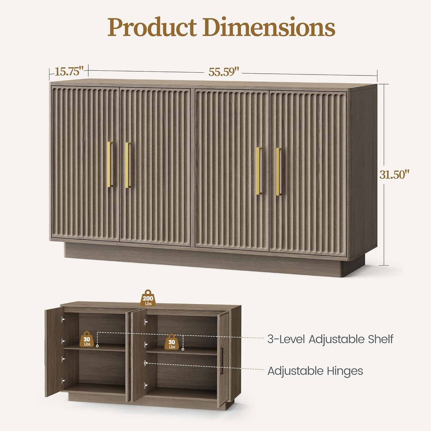 55" Modern Fluted Sideboard Buffet Cabinet, Space-Saving Storage Credenza for Home Coffee Bar, 4-Door Accent Furniture with Adjustable Shelves for Clutter-Free Living (Brown Gray)