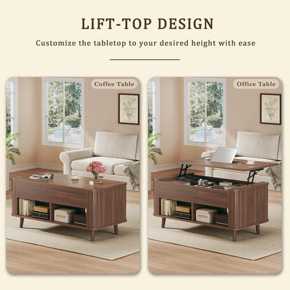 Lift Top Coffee Table with Storage, 41" Mid Century Modern Coffee Table with Fluted & Curved Profile Design, Hidden Storage Compartment, Lower Shelf Center Table for Living Room Office, Walnut