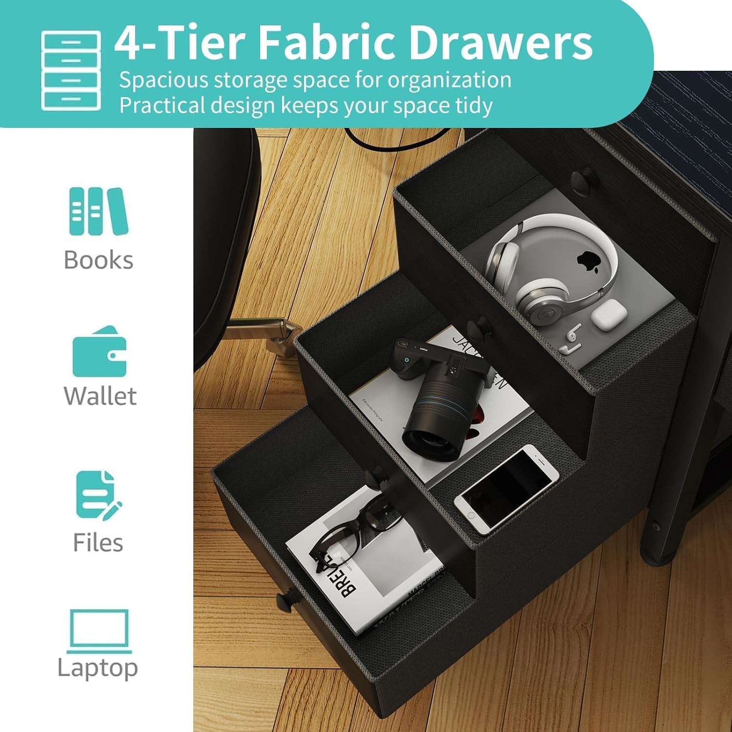 Gaming Desk with LED Lights and Power Outlets, 47 Inch Computer Desk with Fabric Drawers, Reversible Home Office Desk with Monitor Stand, Black