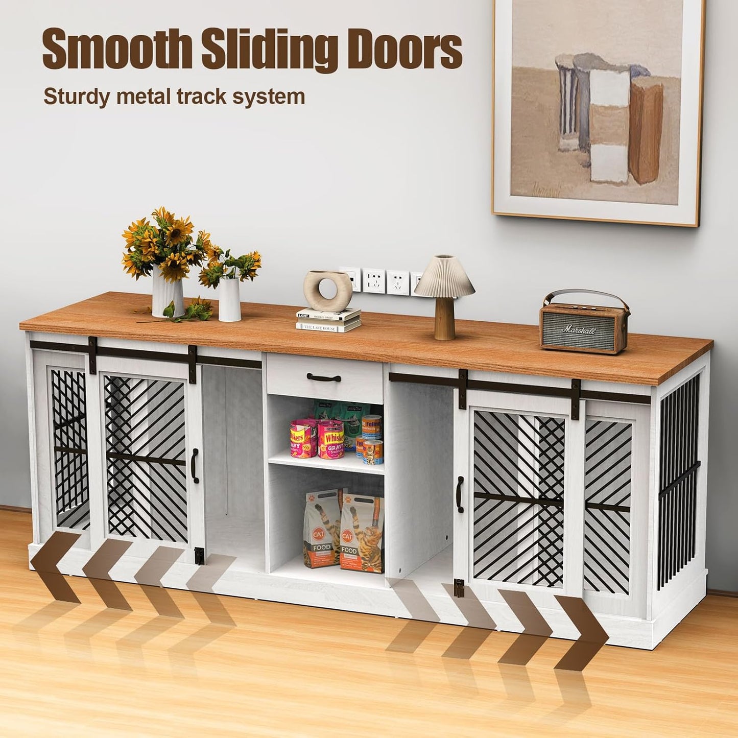 86.6” Large Dog Crate Furniture for 2 Dogs, Decorative Wooden Double Dog Kennel Indoor, Dog Cage TV Stand with Durable Lock & Storage Shelves for Medium Small Pets