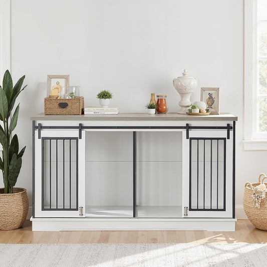 60.6" Double Dog Crate Furniture, Large Dog Kennel Furniture TV Stand for 2 Dogs, Furniture Style Dog Crates End Table, Wood Crates for Dogs White