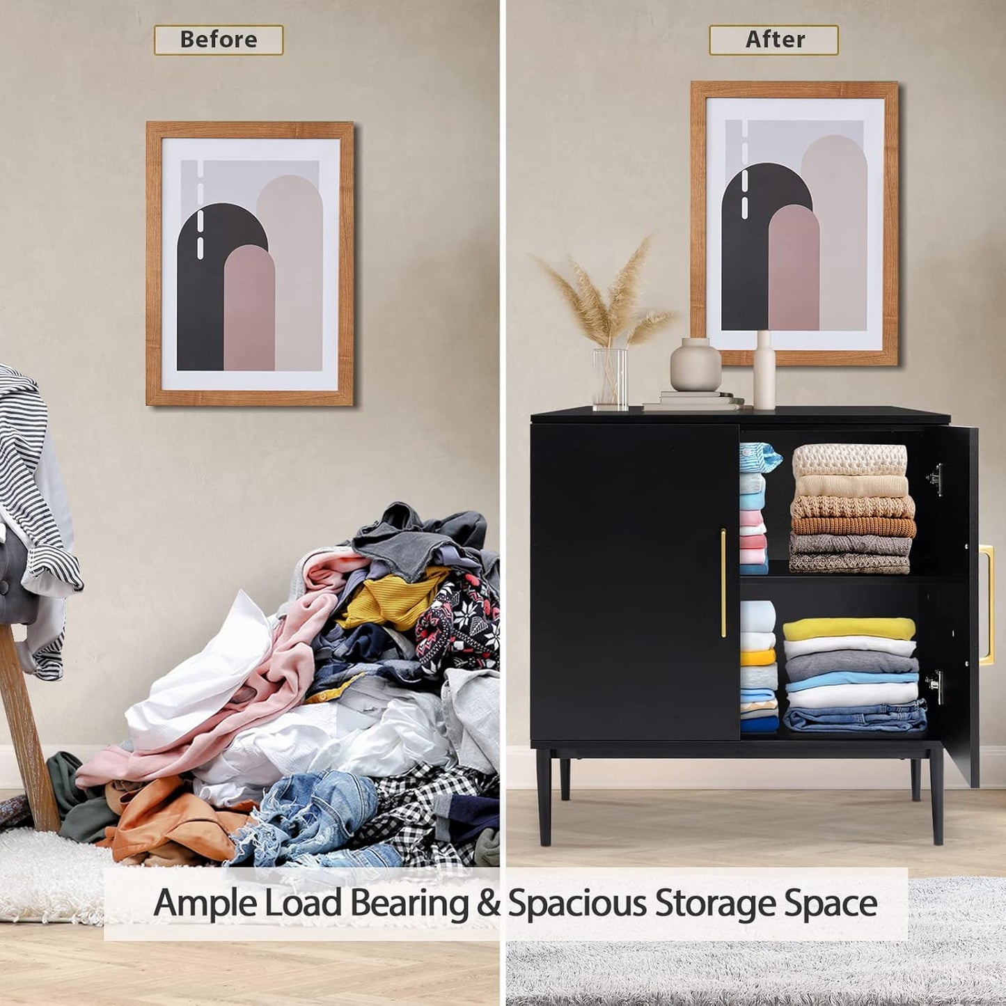 Modern Storage Cabinet, Free Standing Buffet Cabinet, Black Sideboard and Buffet Storage, Wood Accent Furniture for Living Room, Hallway, Entryway, Dining Room, Bedroom (1, Black)