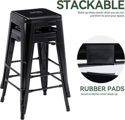 24" Bar Stools Black Backless Metal Barstools Indoor-Outdoor Counter Height Stools with Square Seat, Set of 2 - VF1571001