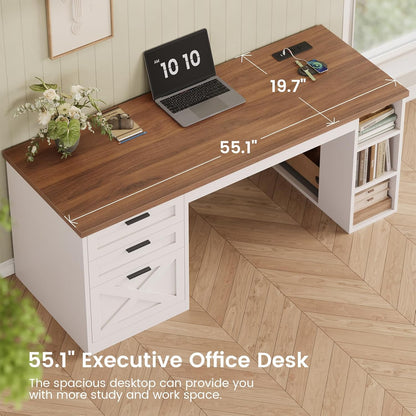 55.1" Farmhouse Office Desk with 3 Drawers, Executive Desk with File Drawer & Storage Shelves, Computer Desk with Power Outlet for Home Office, White and Brown