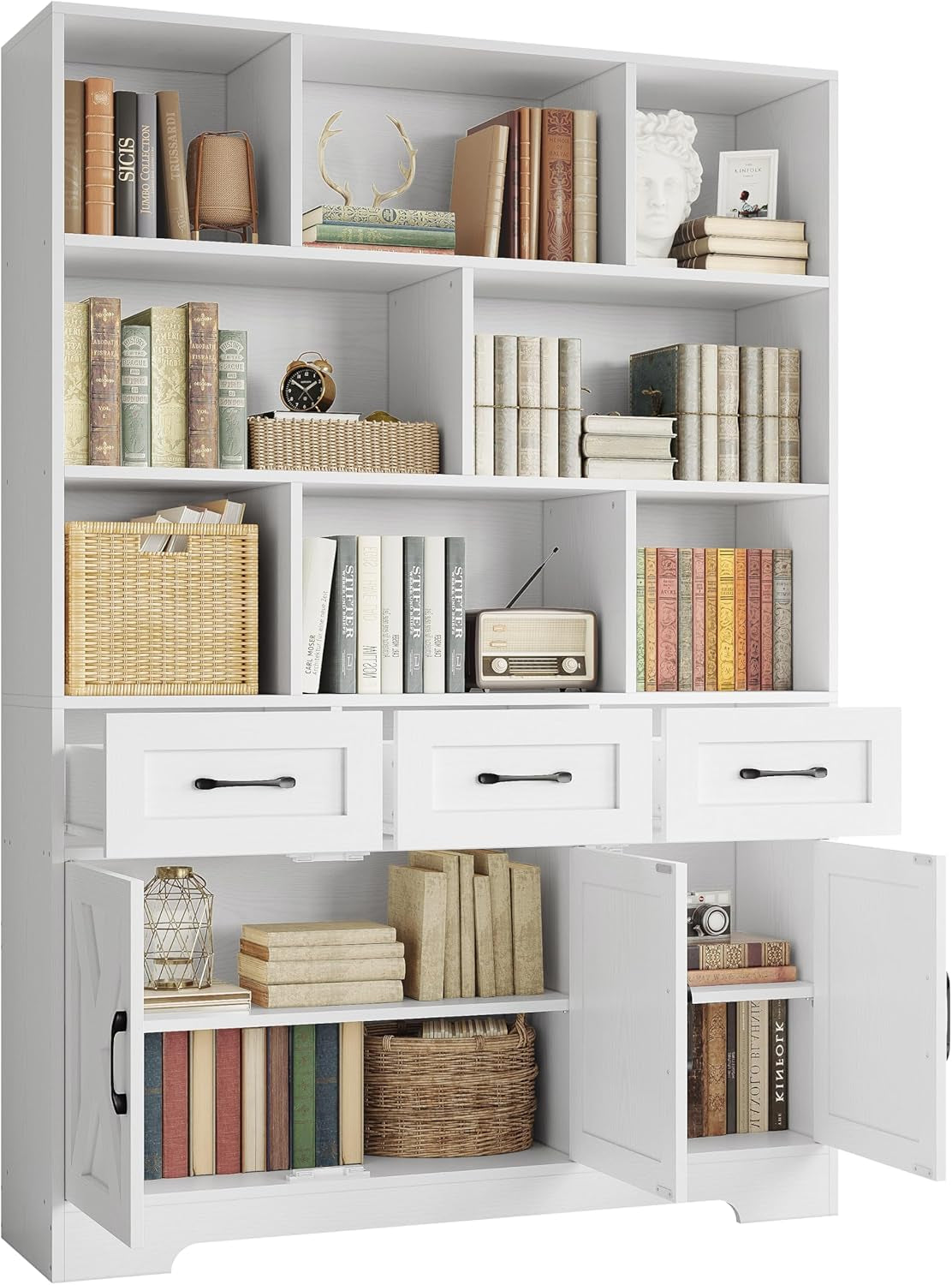 Bookshelf with Drawers & Doors, Tall Bookshelf with Storage, Bookcase with Cabinets for Home Office, Living Room, White
