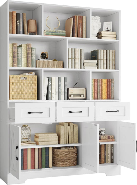 Bookshelf with Drawers & Doors, Tall Bookshelf with Storage, Bookcase with Cabinets for Home Office, Living Room, White